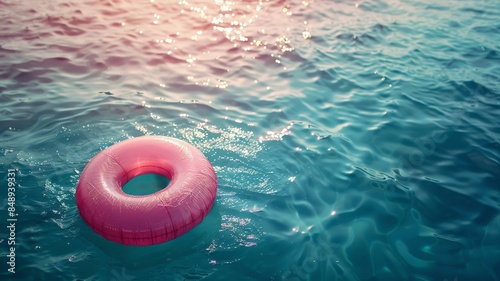 Serene Sunset on Water with Floating Pink Inflatable Ring photo