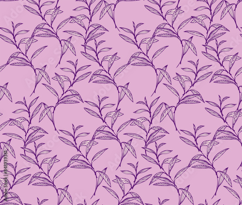 Violet seamless pattern with abstract artistic tiny leaf stems. Unique branches leaves printing on a purple background. Vector hand drawing. Template for designs, textile, fashion, fabric