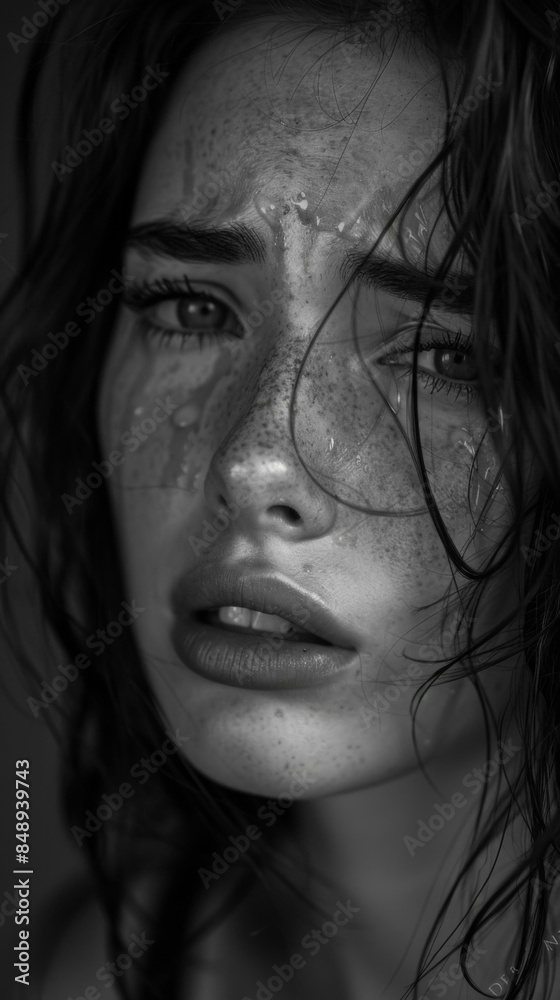 Close-up portrait of a young woman with wet hair and face. AI. Close-up portrait of a young woman with wet hair and face. AI.