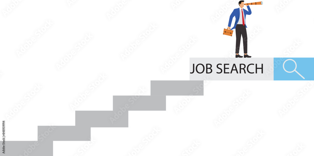 Search and discovery career or job opportunity, looking for job vacancy, marketing insight, find new success, research or observation concept, businessman look with spyglass, binoculars on search bar Search and discovery career or job opportunity, looking for job vacancy, marketing insight, find new success, research or observation concept, businessman look with spyglass, binoculars on search bar