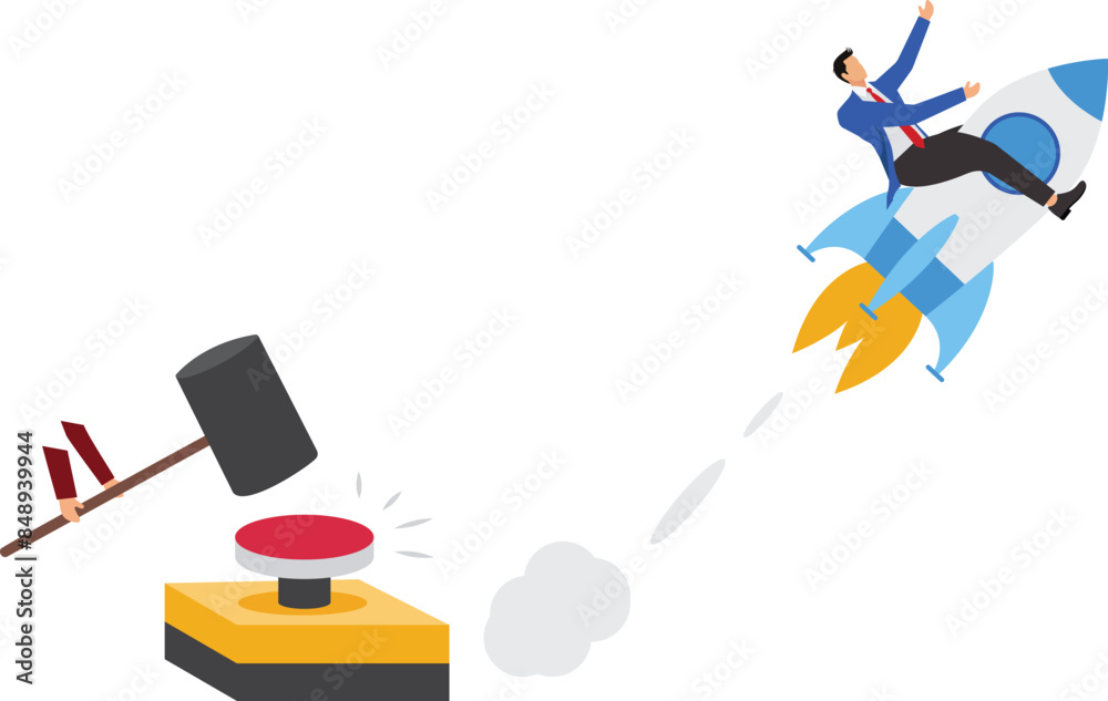 Launch startup rocket, start new business, boost rocket speed to success, begin entrepreneur company takeoff, fast growth corporate concept, businessman hand push start to launch startup rocket Launch startup rocket, start new business, boost rocket speed to success, begin entrepreneur company takeoff, fast growth corporate concept, businessman hand push start to launch startup rocket
