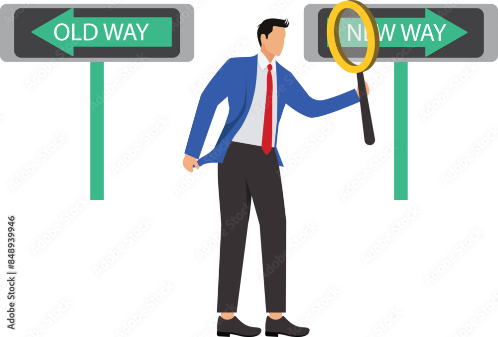 Finding career path or success route, analyze to make decision choices, discover opportunity way, directions or pathway to success concept, businessman analyze career path with magnifying glass Finding career path or success route, analyze to make decision choices, discover opportunity way, directions or pathway to success concept, businessman analyze career path with magnifying glass