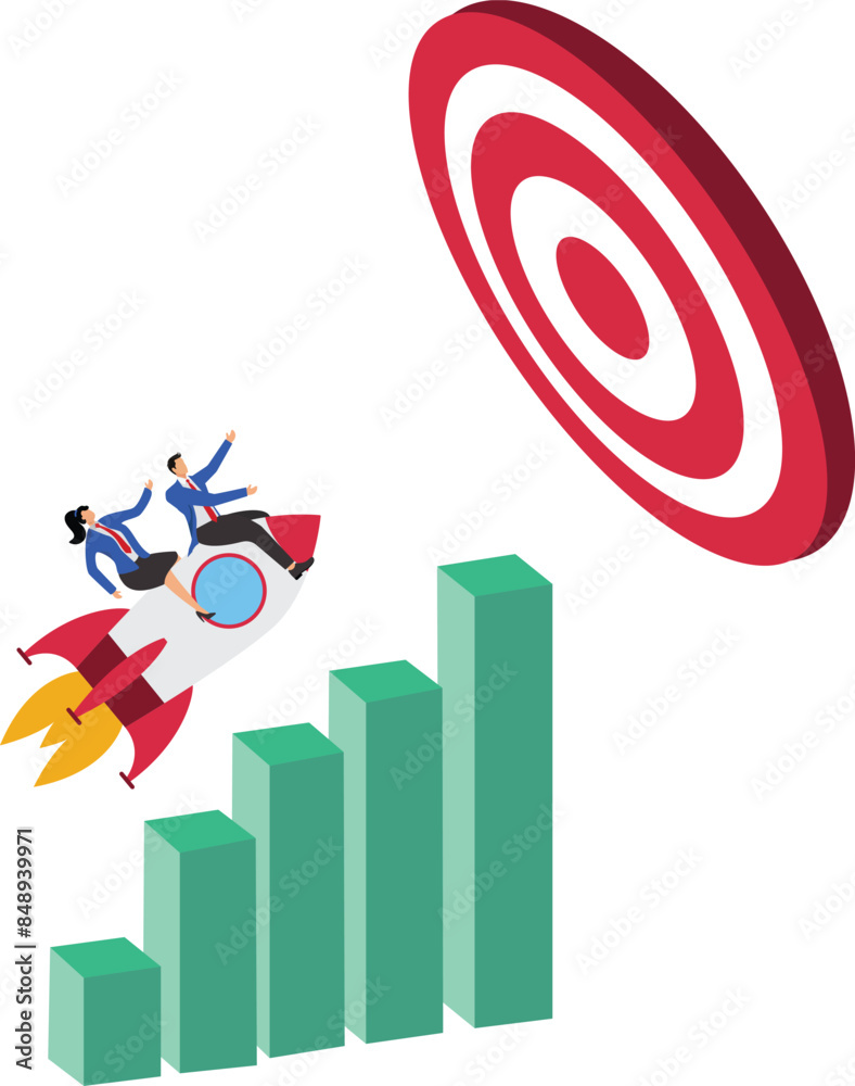 Team target achievement, reaching goal or success, teamwork strategy, challenge or aspiration to win together, leadership to lead team concept, business people riding rocket to reach target bullseye Team target achievement, reaching goal or success, teamwork strategy, challenge or aspiration to win together, leadership to lead team concept, business people riding rocket to reach target bullseye