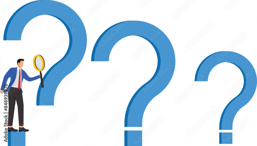 Problem analysis, analyze information to find solution or answer, solving problem or trouble, challenge to think overcome difficulty concept, businessman analyze question mark with magnifying glass Problem analysis, analyze information to find solution or answer, solving problem or trouble, challenge to think overcome difficulty concept, businessman analyze question mark with magnifying glass