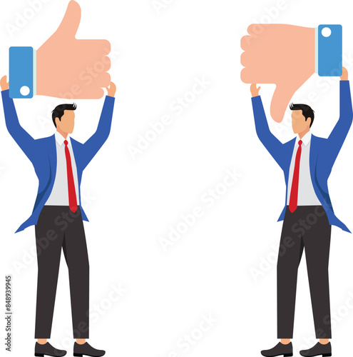 Social feedback, opinion or business advice, employee discussion, debate or customer comment, social media positive and negative feedback, people giving opinion with thumb up, thumb down feedback