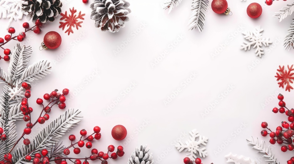 Christmas background with pine branches, red berries and cones on a white table top view. Christmas card concept design with space for copy. Christmas background with pine branches, red berries and cones on a white table top view. Christmas card concept design with space for copy.