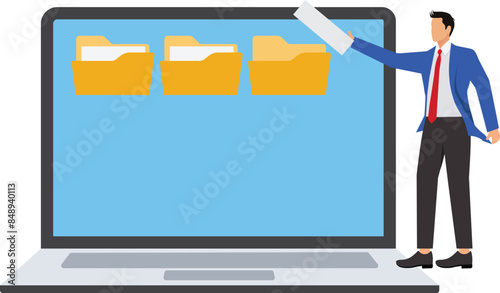 Organize files folder or archive document to be index, administration work, plan or file management, arrange online data or paperwork concept, businessman organize document file into archive folders
