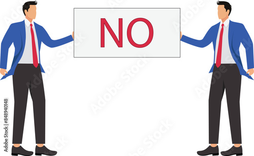 Say no, negative or stop sign, rejection or refuse to do thing, disagreement expression, communicate to stop or denied concept, businessman hold sign with the word NO with strong rejection impression