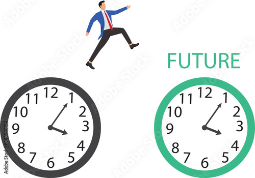 Time management or time travel to the future, time flied fast to work deadline, productivity or efficiency, effort or work schedule, evolution concept, businessman jump into clock to the future