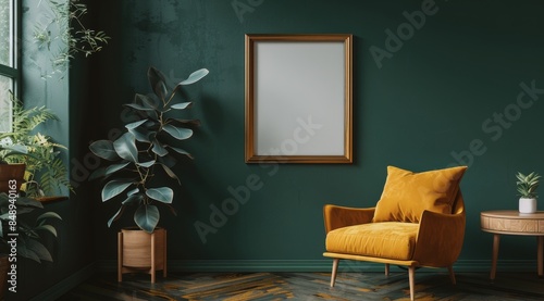 Modern Living Room Interior Design With Green Walls, Yellow Chair, and Wooden...
