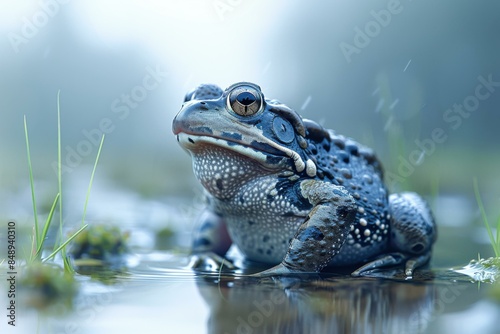 A macro shot of a toad sitting in a puddle of water. AI.