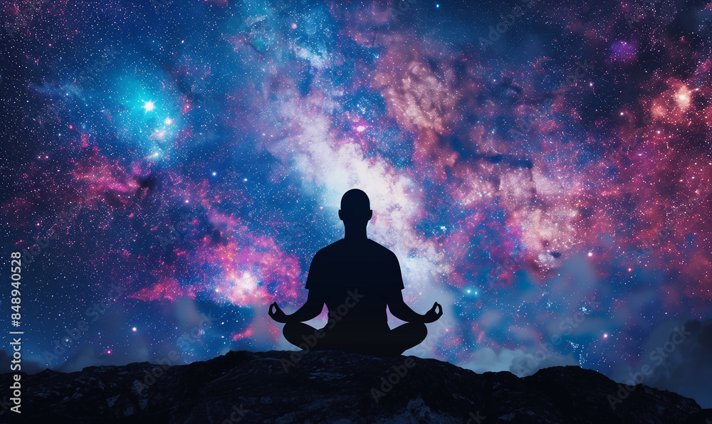 A silhouette of an individual meditating with the universe and stars in background A silhouette of an individual meditating with the universe and stars in background