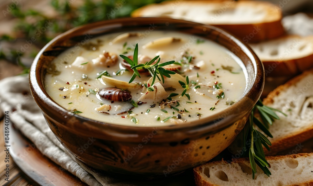 A warm bowl of creamy clam chowder garnished with herbs, Generative AI A warm bowl of creamy clam chowder garnished with herbs, Generative AI
