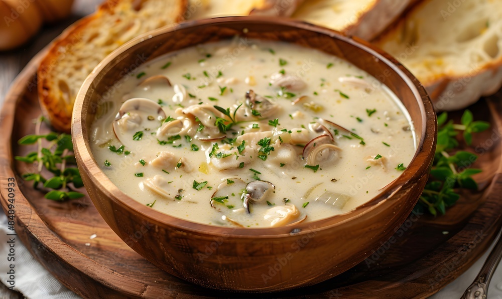 A warm bowl of creamy clam chowder garnished with herbs, Generative AI A warm bowl of creamy clam chowder garnished with herbs, Generative AI