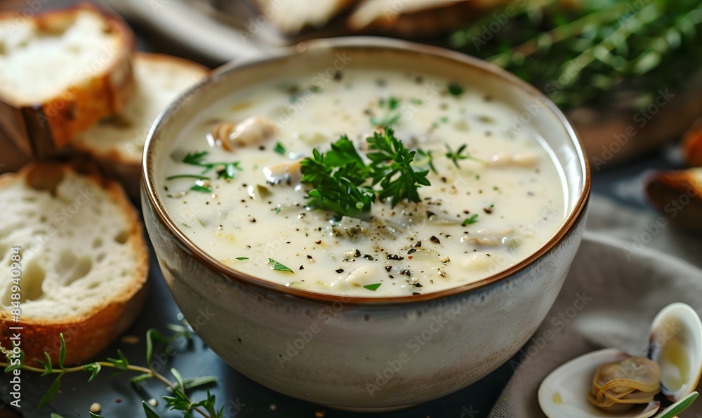 A warm bowl of creamy clam chowder garnished with herbs, Generative AI A warm bowl of creamy clam chowder garnished with herbs, Generative AI