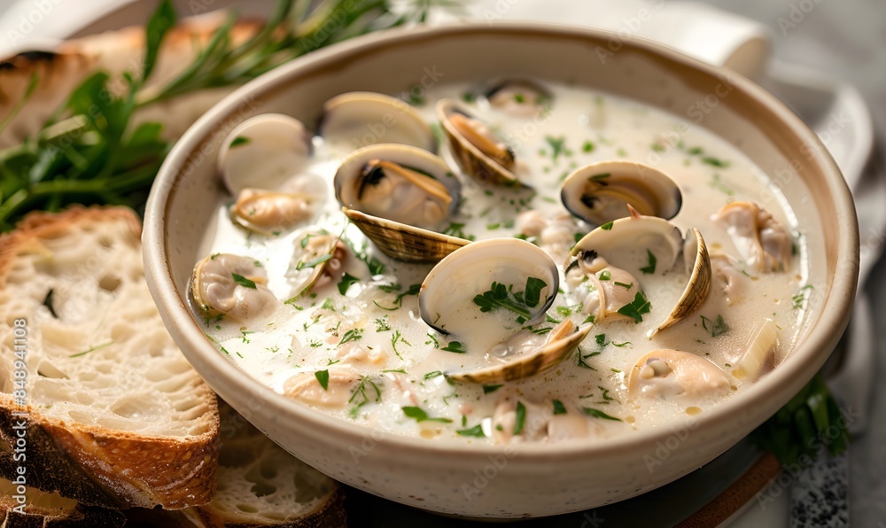 A warm bowl of creamy clam chowder garnished with herbs, Generative AI A warm bowl of creamy clam chowder garnished with herbs, Generative AI