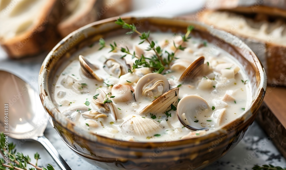 A warm bowl of creamy clam chowder garnished with herbs, Generative AI A warm bowl of creamy clam chowder garnished with herbs, Generative AI