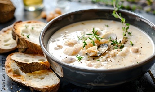 A warm bowl of creamy clam chowder garnished with herbs, Generative AI photo