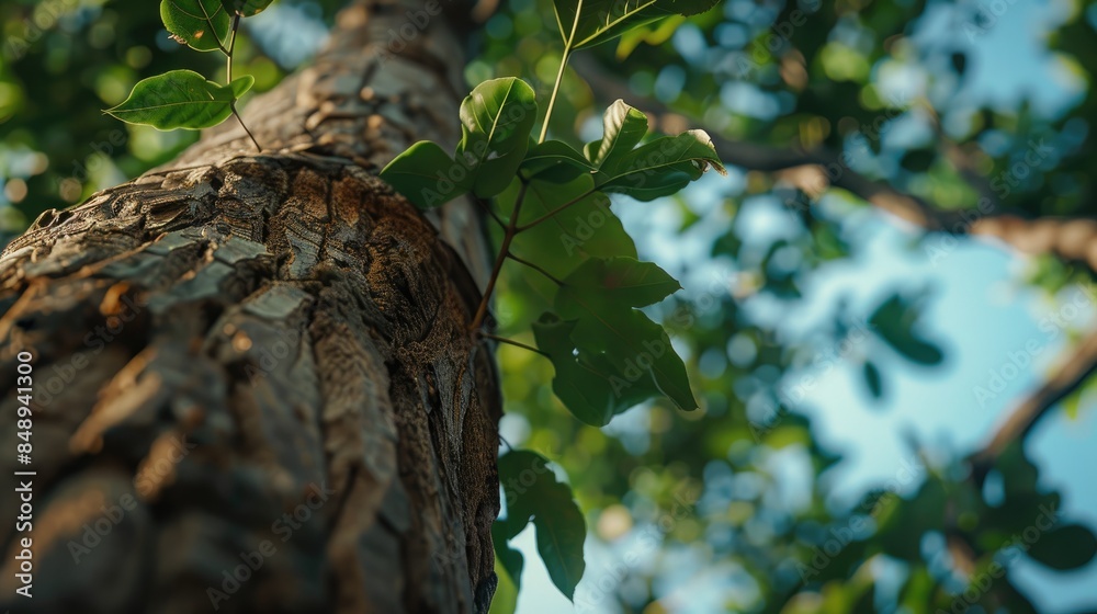 Close up View of Tree Trunk and Leaves with Sky in the Background