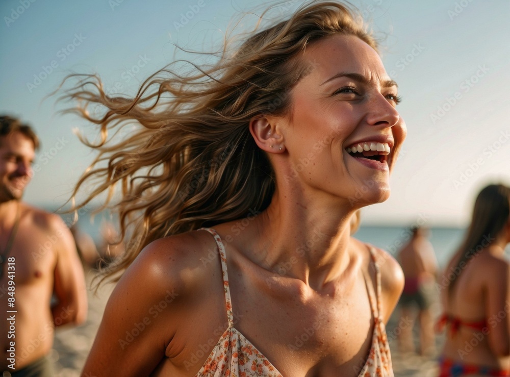 Laughing woman at the beach with the sun in her hair. AI.