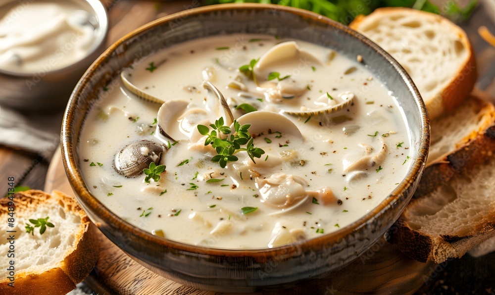 A warm bowl of creamy clam chowder garnished with herbs, Generative AI A warm bowl of creamy clam chowder garnished with herbs, Generative AI