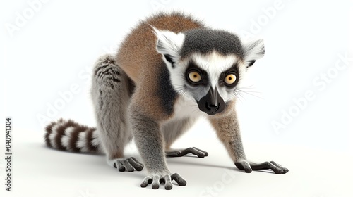 A cute and curious lemur with big, round eyes is looking at the camera. Its long, bushy tail is wrapped around its body. © Berivan