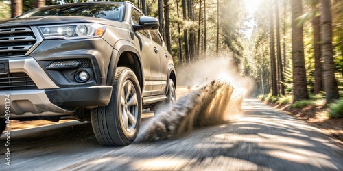 A powerful SUV driving through a wooded area, kicking up dust and casting a dynamic shadow. © hobonski