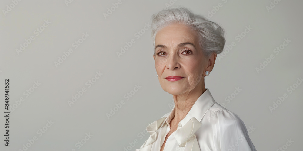 An elegant elderly woman with short silver hair and pearl earrings gazes confidently at the camera. She wears a crisp white blouse and stands against a plain grey background, exuding poise and grace An elegant elderly woman with short silver hair and pearl earrings gazes confidently at the camera. She wears a crisp white blouse and stands against a plain grey background, exuding poise and grace
