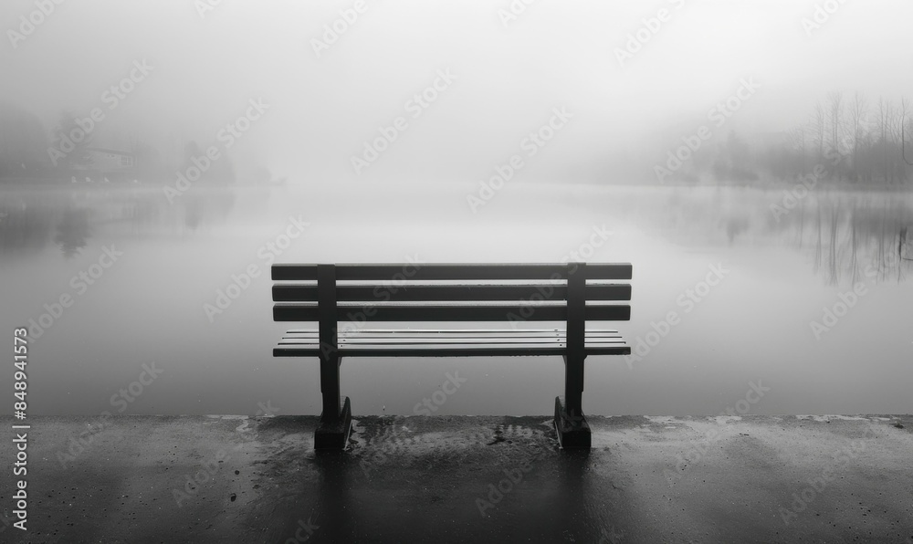 A solitary bench sits on a pier overlooking a tranquil lake shrouded in mist. AI. A solitary bench sits on a pier overlooking a tranquil lake shrouded in mist. AI.