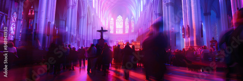 blurred found photograph of violet light and glowing choir in cathedral