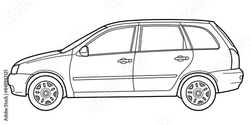 Classic station wagon car. Side view shot. Outline doodle vector illustration