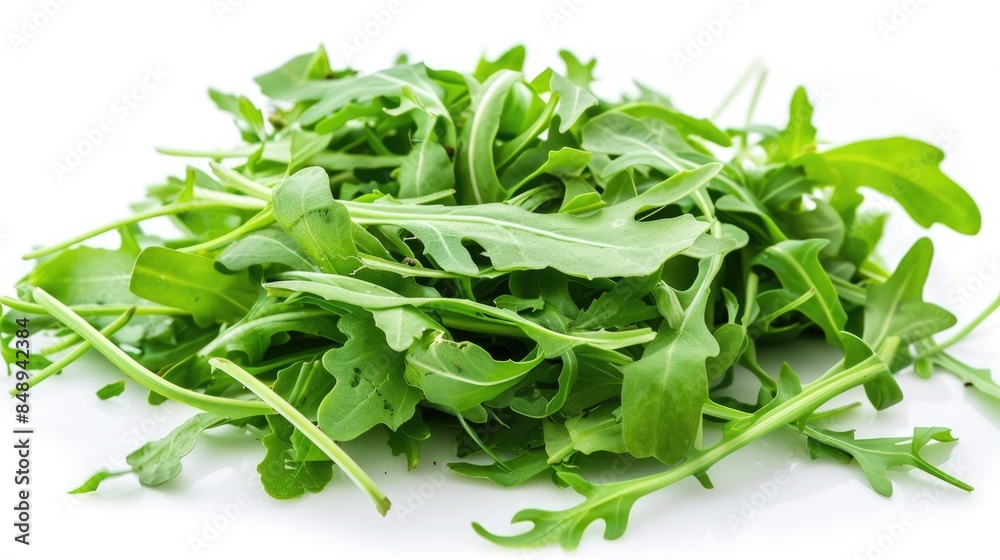High resolution image of a standalone vegetarian arugula salad on a white background High resolution image of a standalone vegetarian arugula salad on a white background
