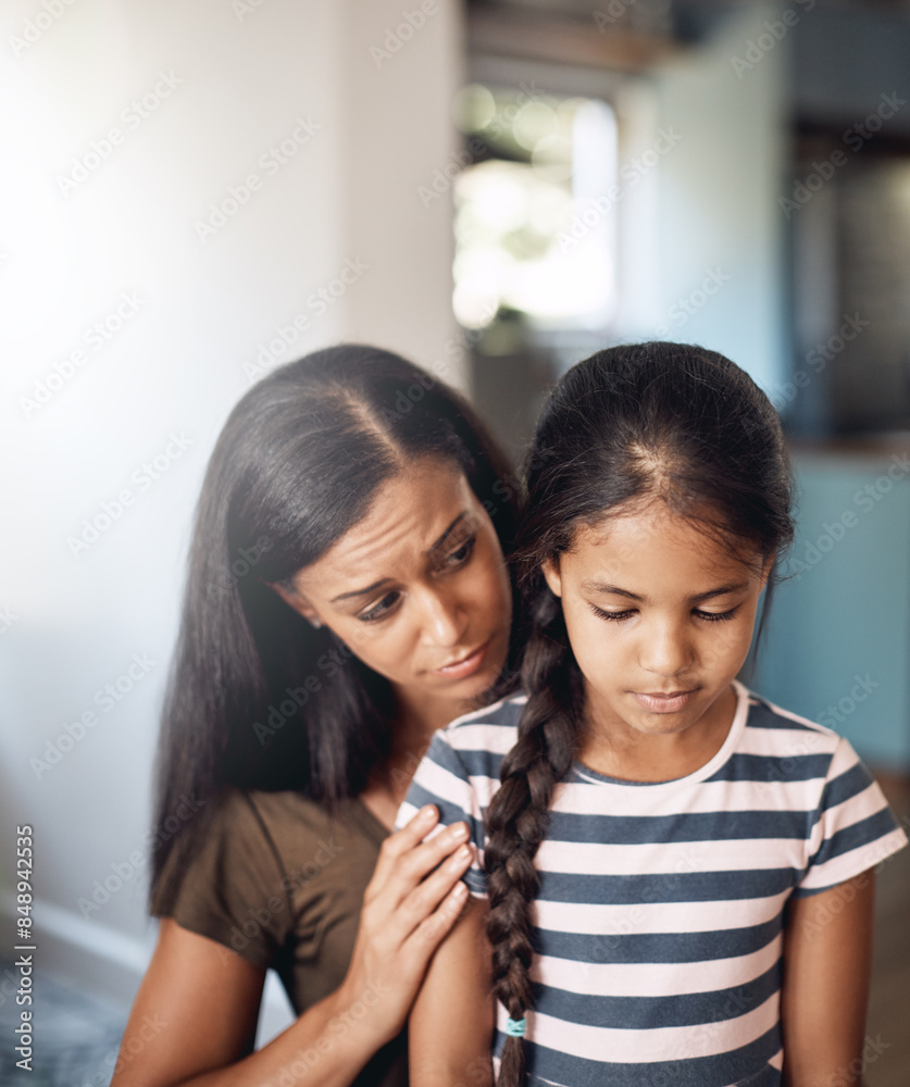 Mama, girl child and sad with comfort for mistake in house, depression or fear in apartment. Mother, daughter or calm empathy in home for childhood fail, together with support for problem or kindness Mama, girl child and sad with comfort for mistake in house, depression or fear in apartment. Mother, daughter or calm empathy in home for childhood fail, together with support for problem or kindness