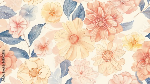 Hand-drawn pastel flowers and leaves in a seamless pattern design