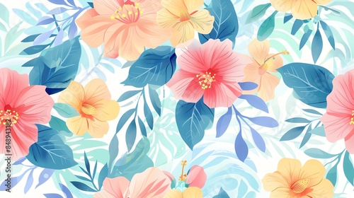 Hand-drawn pastel flowers and leaves in a seamless pattern design