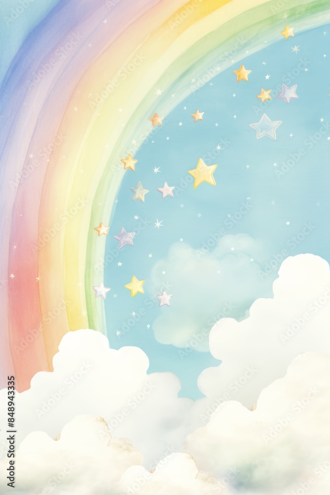 Colorful rainbow arching through a pastel sky filled with fluffy clouds and twinkling stars creating a dreamy scene Colorful rainbow arching through a pastel sky filled with fluffy clouds and twinkling stars creating a dreamy scene
