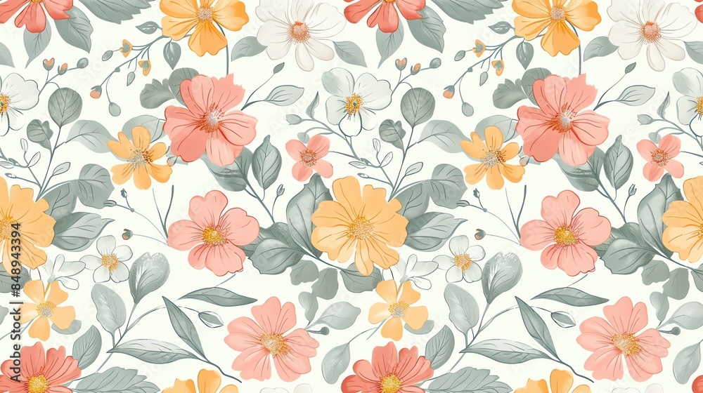 Hand-drawn pastel-colored flowers and leaves, seamless pattern design Hand-drawn pastel-colored flowers and leaves, seamless pattern design