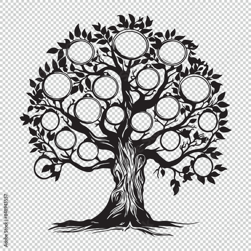 Simple flat family tree design, black vector illustration on transparent background