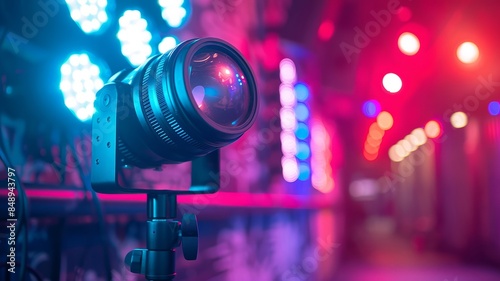 Professional Camera Lens and Colorful Lights in Studio Setup