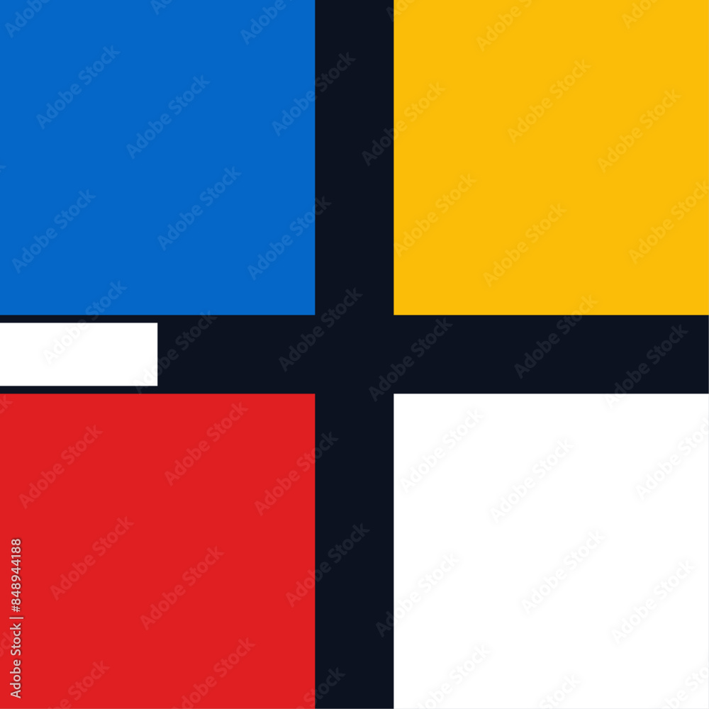 Naklejka premium Geometric abstract art with red, blue, yellow, and white blocks, black grid.