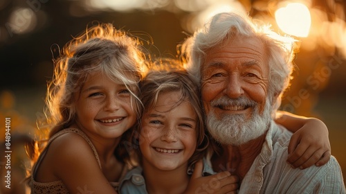  portrait of happy grandfather and his two grand children hugging in the garden at sunset