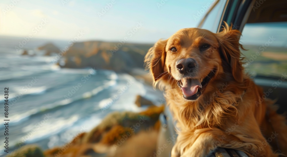 Obraz premium Golden Retriever Looking Out Car Window at Ocean