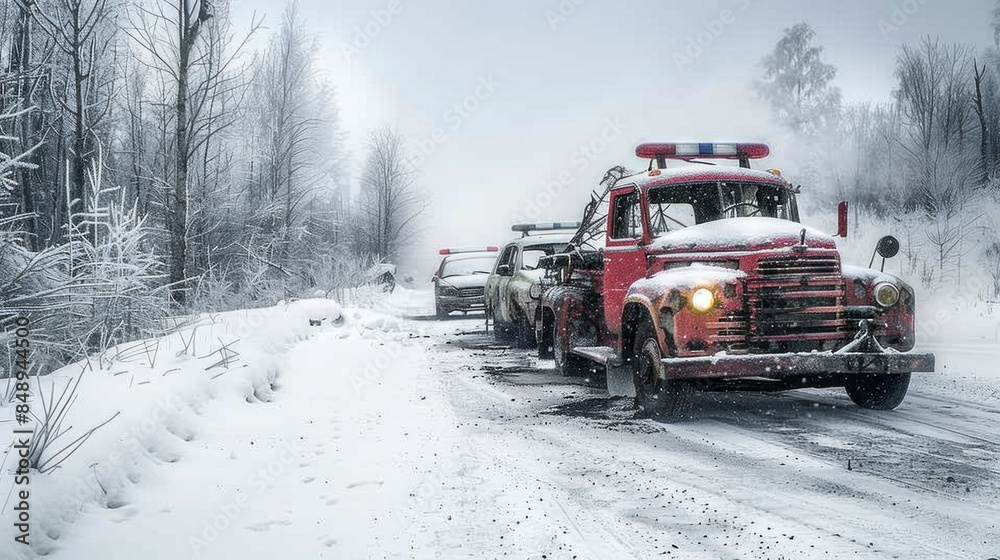 A red truck is driving down a snowy road with other vehicles behind it A red truck is driving down a snowy road with other vehicles behind it