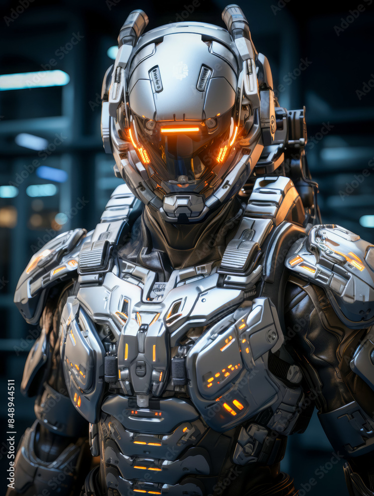 A highly detailed futuristic soldier wearing advanced armor with glowing orange accents stands ready in a high-tech environment A highly detailed futuristic soldier wearing advanced armor with glowing orange accents stands ready in a high-tech environment