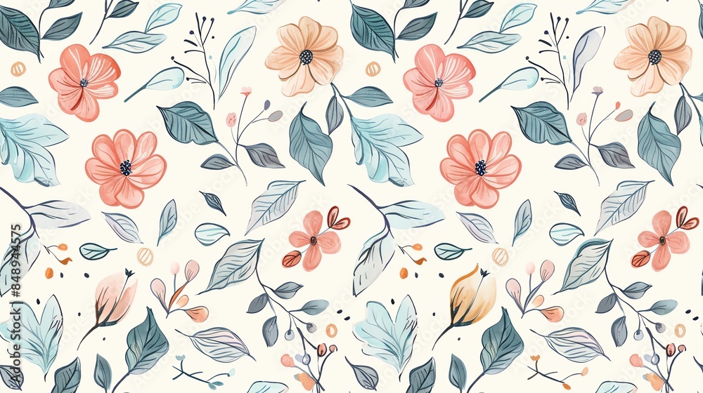 Seamless hand-drawn floral and leaf pattern in pastel colors Seamless hand-drawn floral and leaf pattern in pastel colors