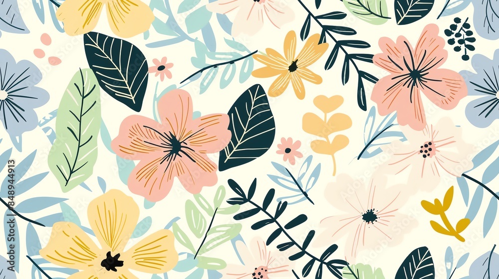 Seamless hand-drawn floral and leaf design in pastel colors Seamless hand-drawn floral and leaf design in pastel colors