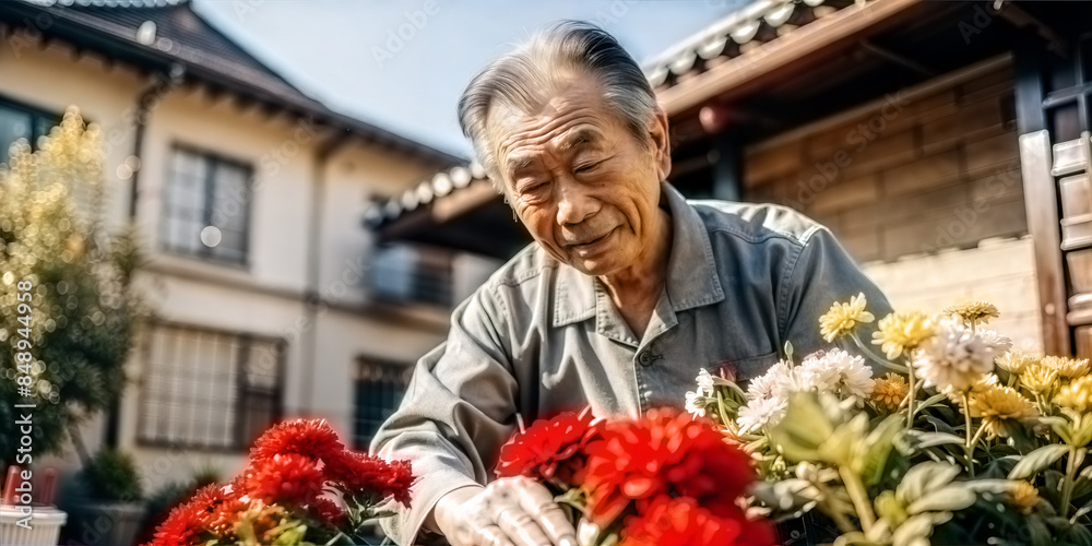 A Japanese elderly man tends flowers outside his home. A Japanese elderly man tends flowers outside his home.