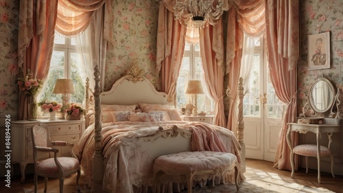A luxurious vintage bedroom with ornate furniture, floral wallpaper, and elegant drapery. The room features a large bed with a tufted headboard, a chandelier, and a dresser with a mirror.