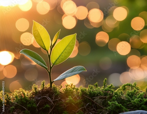 a vibrant young sapling illuminated by the gentle rays of dawn, juxtaposed against a backdrop of blurred bokeh lights, embodying the harmonious fusion of natural beauty and technological artistry.