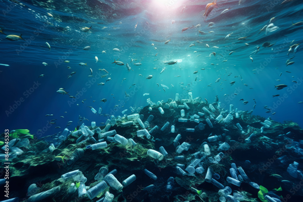 Fototapeta premium An underwater photograph showcasing the devastating impact of plastic pollution on marine life, with a large collection of plastic bottles and containers littering a seabed teeming with fish
